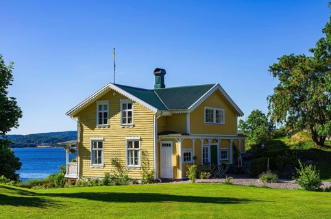 Historic building structures of Gustafsberg, a former spa and bathing resort on the Byfjord in