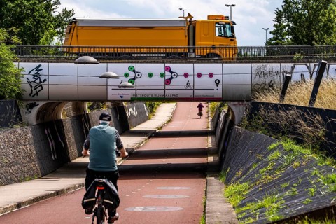 Rijnwaalpad long-distance cycle path, near the village of Elst, subway of the A15 motorway, wide