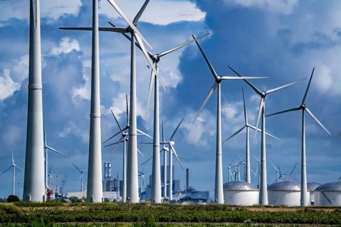 Wind farms Westereems and Growind, in the north of the Netherlands, near Eemshaven, energy centre,