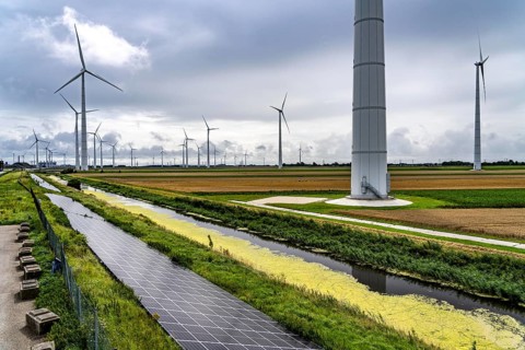 Solar park on the Slaperdijk dyke near Eemshaven, test project, 17, 000 solar modules were