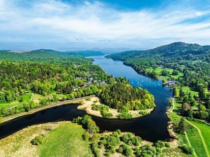 Windermere Lake from drone over Fell Foot Park, Lake District, Cumbria, England, United Kingdom