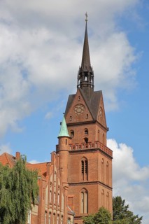 Tower of the Propsteikirche Herz Jesu built in 1891, Brick building, Brick church, Old Town,
