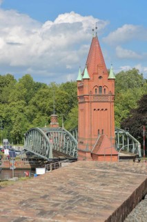 Tower of the lift bridge over Hansahafen and Klughafen, arch bridge, Marstallweg, Old Town, Lübeck,