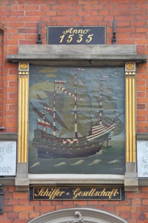 Painting with sailing ship and year at the entrance to the Schiffergesellschaft restaurant,