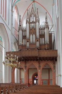 Organ in the Gothic UNESCO Cathedral of St Mary and St John, chandelier, interior view, Schwerin,