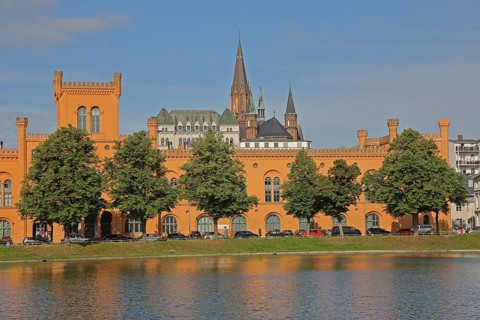 Pfaffenteich with arsenal, church tower of St Paul's Church, shore, lake, Schwerin,