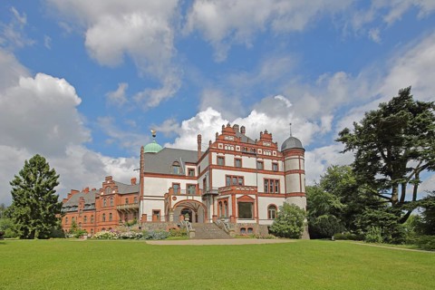 Wiligrad Castle built in 1898 on Lake Schwerin, Lübstorf, Mecklenburg Lake District,