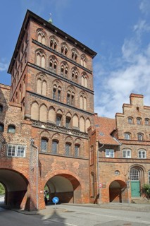 Historic castle gate and customs officers' house as parts of the former city fortifications, city