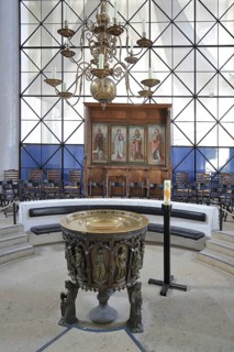Baptismal font, chandelier and candle, interior view, gothic, cathedral, Lübeck,