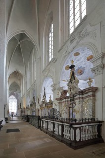 Side aisle with tombs from the Gothic cathedral, interior view, tombs, Lübeck, Schleswig-Holstein,