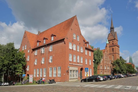 Journeymen's House and Herz Jesu Provost Church, brick building, Old Town, Lübeck,