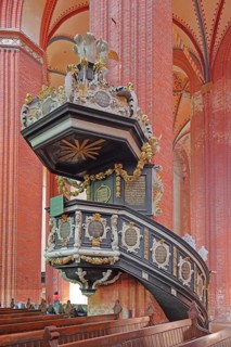 Pulpit with pulpit bonnet built in 1708, baroque, decorations, wood carvings, craftsmanship, art,