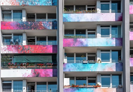 High-rise residential building, in Essen-Steele, with colourfully designed façade, balcony