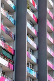 High-rise residential building, in Essen-Steele, with colourfully designed façade, balcony