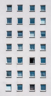 Residential tower block, in Essen-Steele, Fenster, North Rhine-Westphalia, Germany