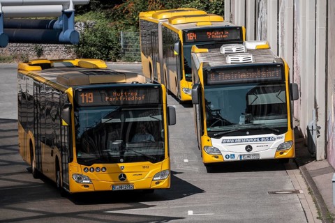 Public transport stop, bus station, local buses in Essen-Steele, bus and S-Bahn junction, Essen,