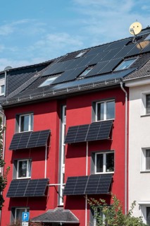 Residential building with photovoltaic modules on the façade and roof, North Rhine-Westphalia,