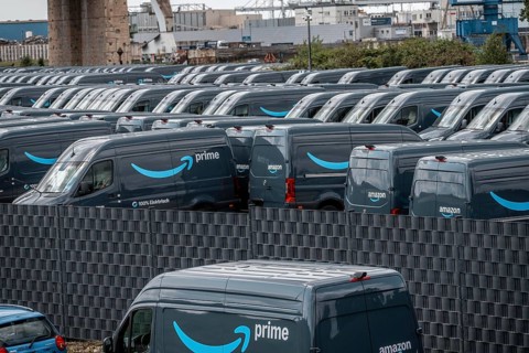 New delivery vehicles for the online mail order company Amazon Prime, with electric drive, are