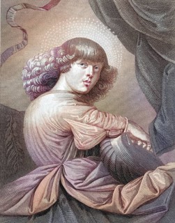 Angel making music with a guitar, A boy with curly hair looks at the viewer, in a colourful robe,