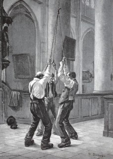 Men ringing bells with a rope, Germany, historical wood engraving, coloured wood engraving,