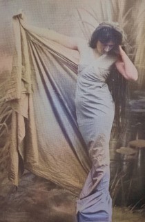 Female nude from around 1899, erotic postcard, playgirl, woman with long hair in draped clothes,
