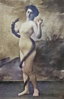 Nude woman from around 1899, erotic postcard, playgirl, naked woman with snake, mystical landscape,