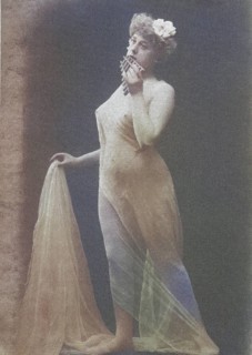 Female nude from around 1899, erotic postcard, playgirl, woman in transparent clothes with flute,