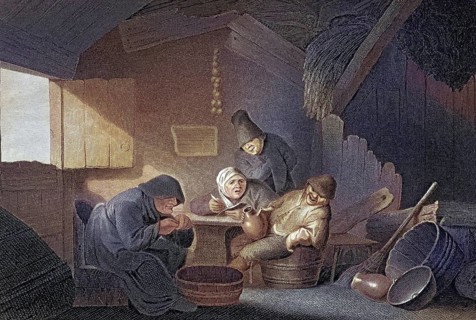 In the village tavern, group of peasants gathered around a table in a rustic hut, play of light and
