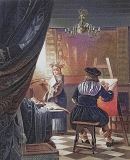 The painter's studio, Two artists in a studio, one paints on a canvas, surrounded by fabrics and a