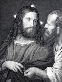 The interest coupon, Two bearded men in a conversation, one with stars in the background.