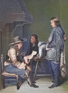 The orderly, a soldier on detachment to deliver orders, hands a letter to a man, Three men in
