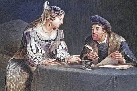 The legal proceedings, A couple in historical dress discussing a document, concentrated atmosphere,