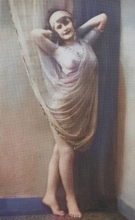 Female nude from around 1899, erotic postcard, playgirl, woman in antique veil posing on a wall,