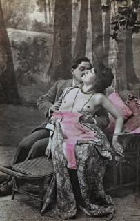 Female nude from around 1899, erotic postcard, playgirl, romantic couple in an intimate moment on a