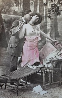 Female nude from around 1899, erotic postcard, playgirl, couple dancing passionately on a bench in