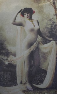 Female nude from around 1899, erotic postcard, Playgirl, Half-naked woman with fabric and flowers