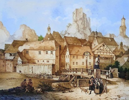 Place and castle ruins Waischenfeld, Franconian Switzerland, around 1850, climatic health resort,
