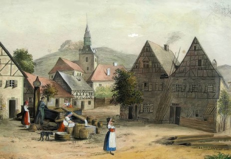 Village square in Muggendorf, climatic health resort, around 1850, Franconian Switzerland, district
