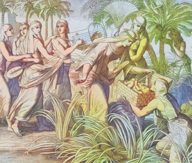 Biblical story, Moses is found in a basket, digitally enhanced reproduction of a wood engraving by