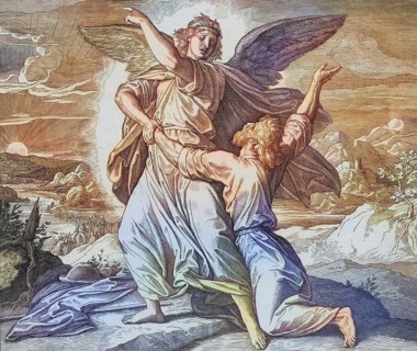 Biblical story, Jacob wrestling with the angel of the Lord, digitally enhanced reproduction of a