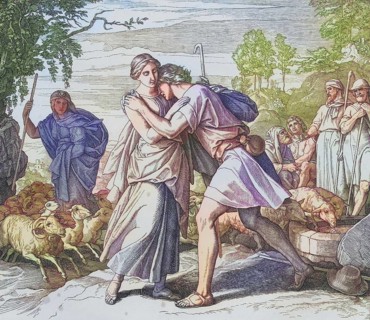 Biblical story, Jacob and Rachel at the well, digitally enhanced reproduction of a wood engraving