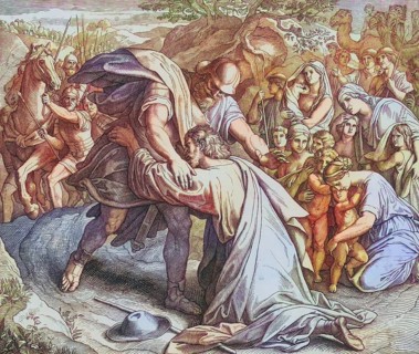 Biblical story, The Meeting of Jacob and Esau, digitally enhanced reproduction of a wood engraving