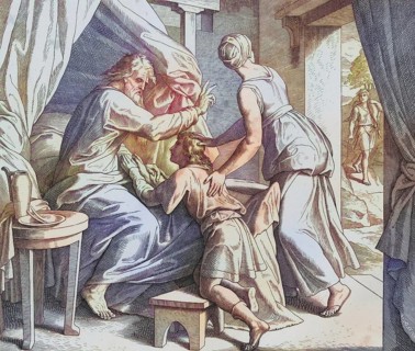 Biblical story, Jacob receives the blessing of Isaac, digitally enhanced reproduction of a wood