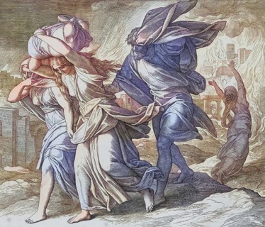 Biblical story, Lot escaped from Sodom, digitally enhanced reproduction of a wood engraving by