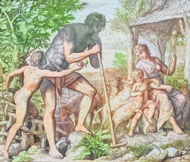 Biblical story, Adam and Eve after the Fall, digitally enhanced reproduction of a wood engraving by