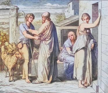 Biblical story, Jacob makes a covenant for Rachel, digitally enhanced reproduction of a wood