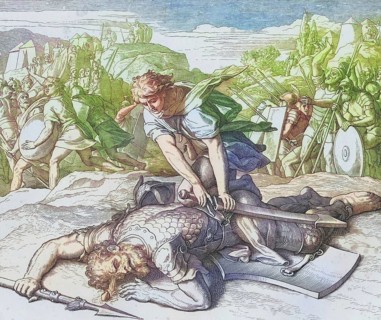 Biblical story, David kills the giant Goliath, digitally enhanced reproduction of a wood engraving