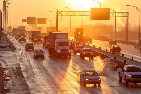 Traffic entering the city of Montreal at sunset, Traffic jam, Province of Quebec, Canada, North