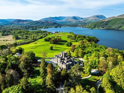 Wray Castle from a drone, Lake Windermere, Ambleside, Lake District, Cumbria, England, United