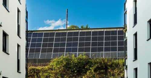 Solar panels mounted on the wall of an industrial plant, Wuppertal, Germany